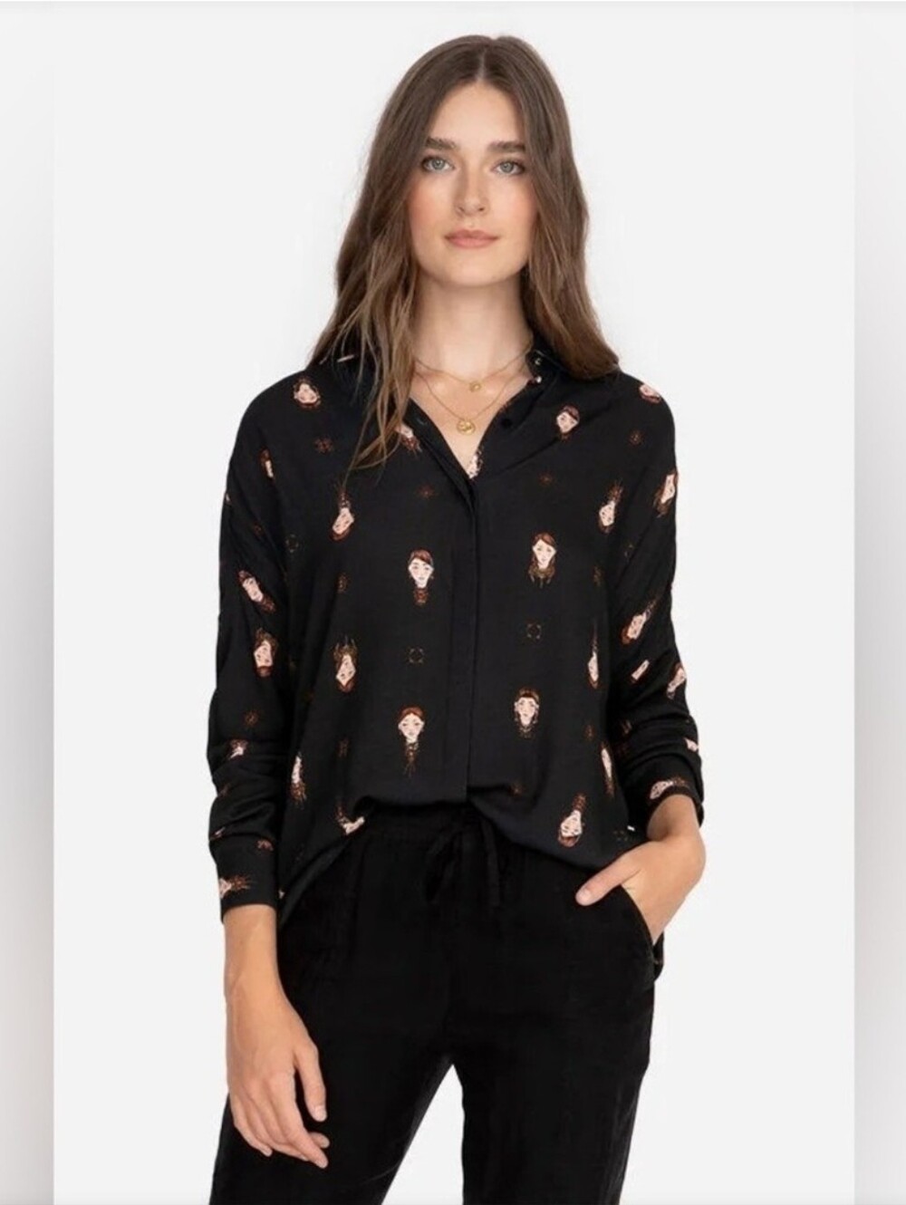 Johnny Was Scofield Oversize Boho Artsy Faces Button Down Blouse. Size XS